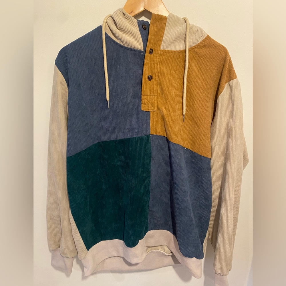 Corduroy Color-block Hooded Sweatshirt